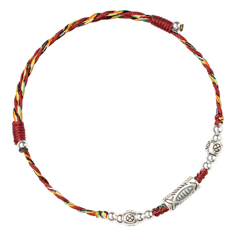 Original 925 Sterling Silver Koi Fish Bracelet Women'S Autumn Red Rope Weaving Vintage Small Gift Anklet