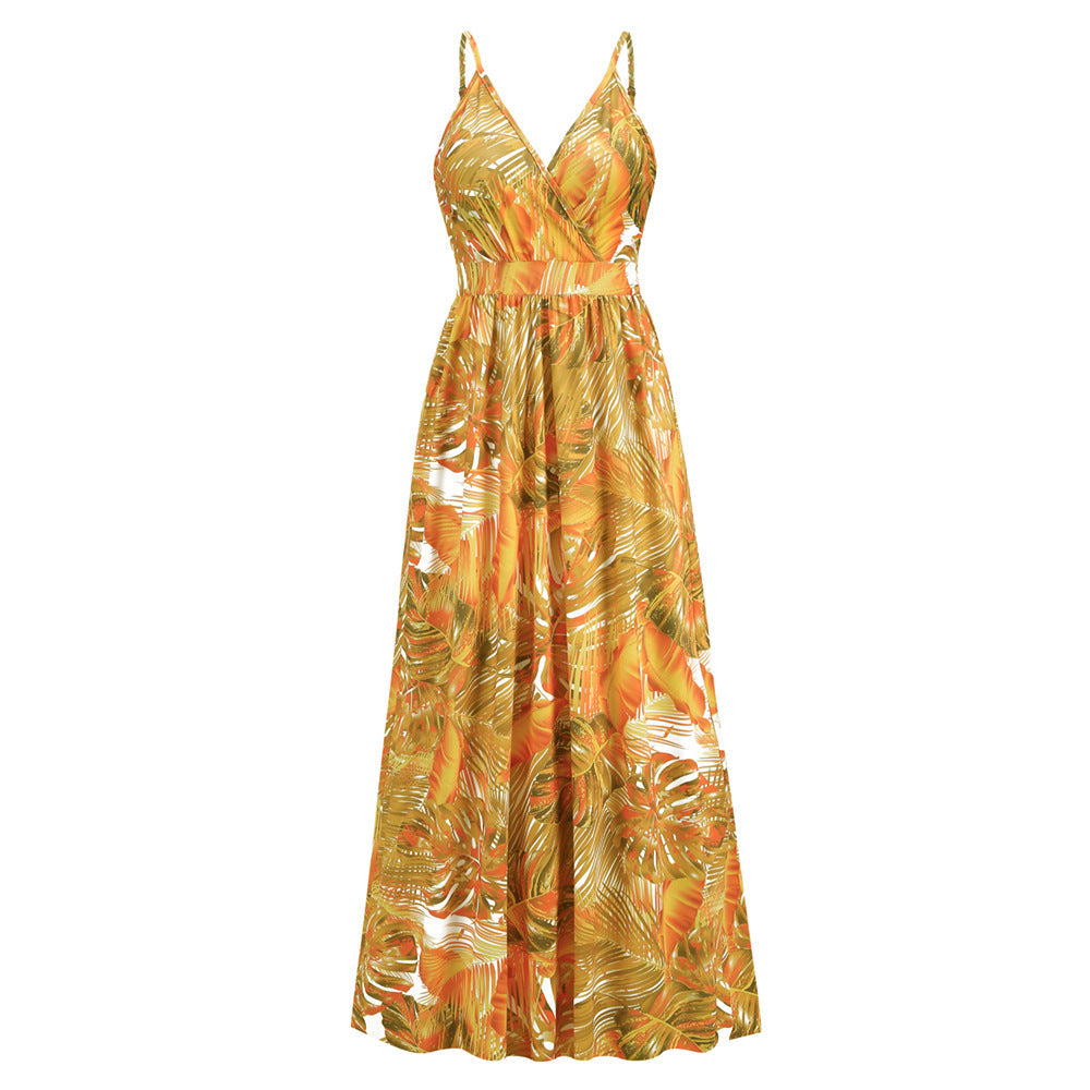 Bohemian Print Maxi Dress Sexy V-Neck Slip Dress