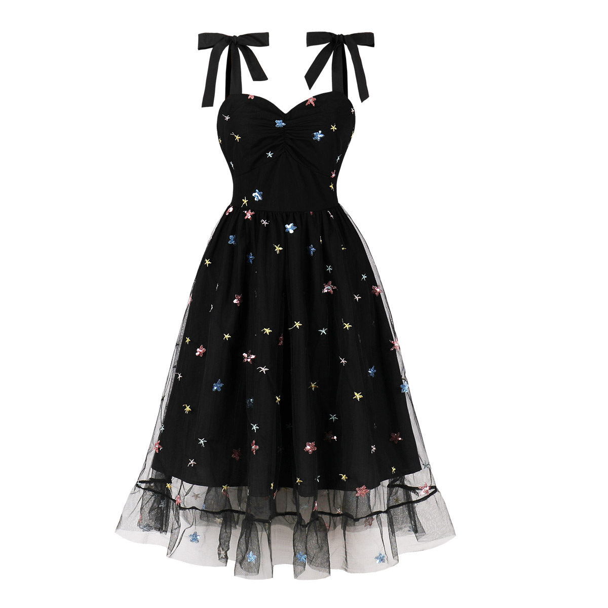 Elegant High-Waisted Tulle Dress with Embroidery