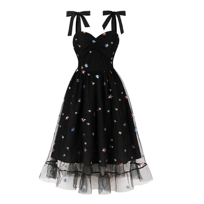 Elegant High-Waisted Tulle Dress with Embroidery