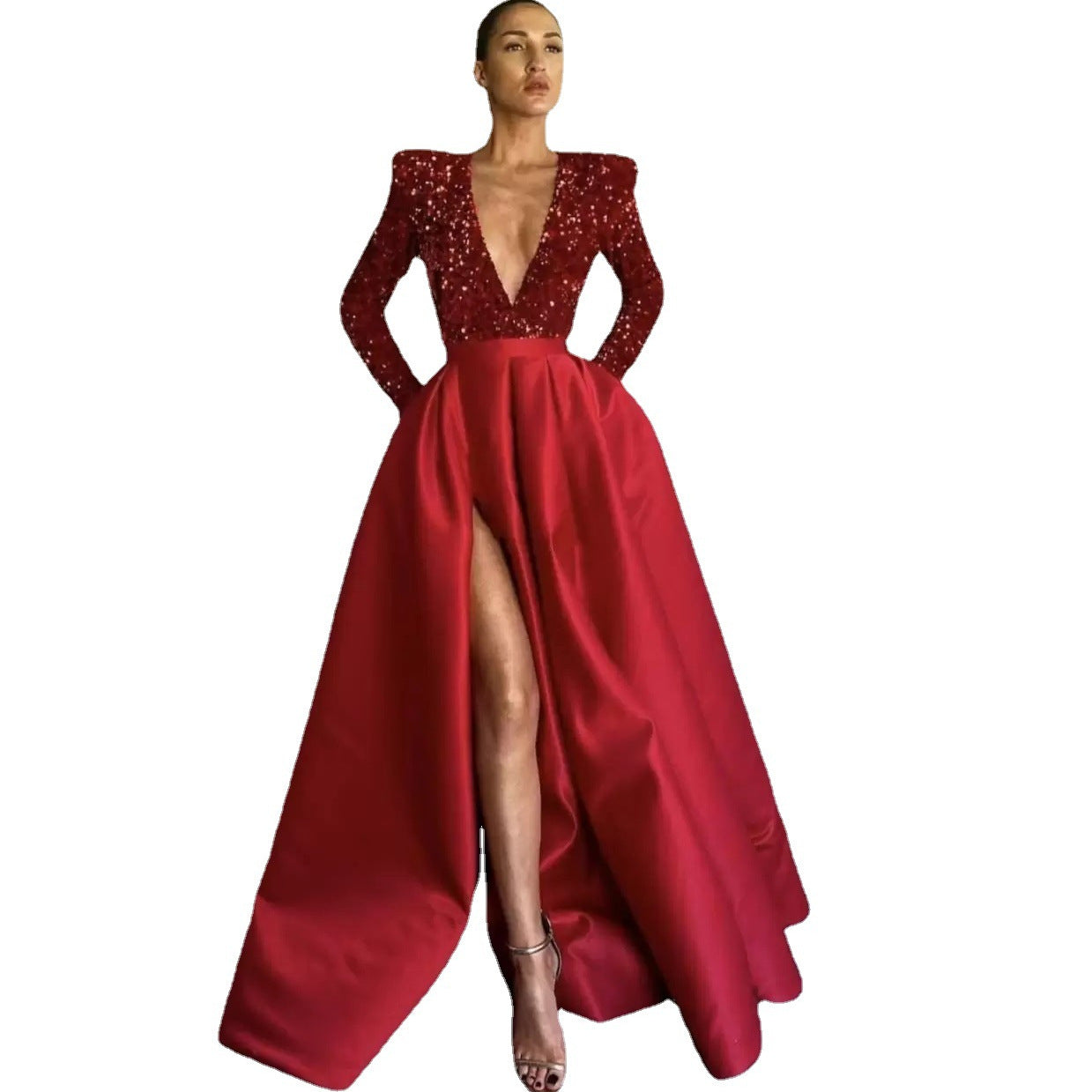 Sequined V-Neck A-Line Maxi Dress with Long Sleeves