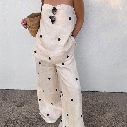 Off-Shoulder Polka Dot Print Cotton Two-Piece Set