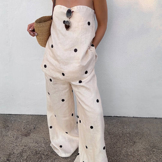 Off-Shoulder Polka Dot Print Cotton Two-Piece Set