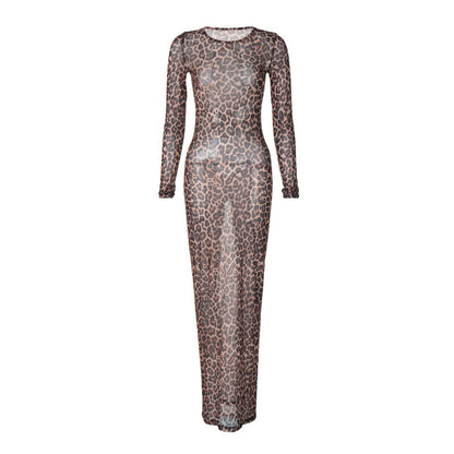 Sensual Animal Print Mesh Dress Slim Fit Long Sleeve
