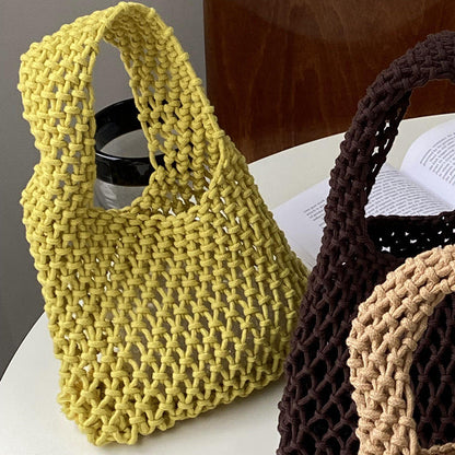 Stylish Woven Tote Bag Cotton Rope Handbag Weekend Casual