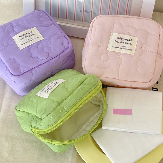 Quilted Floral Storage Pouch Candy Color Travel Earphone Coin Bag