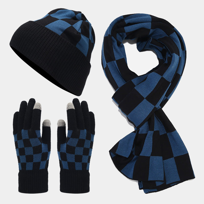 Winter Plaid Warm Hat Scarf Gloves Outdoor Sets