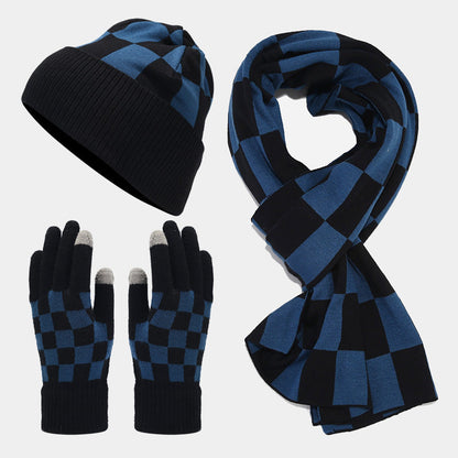 Winter Plaid Warm Hat Scarf Gloves Outdoor Sets