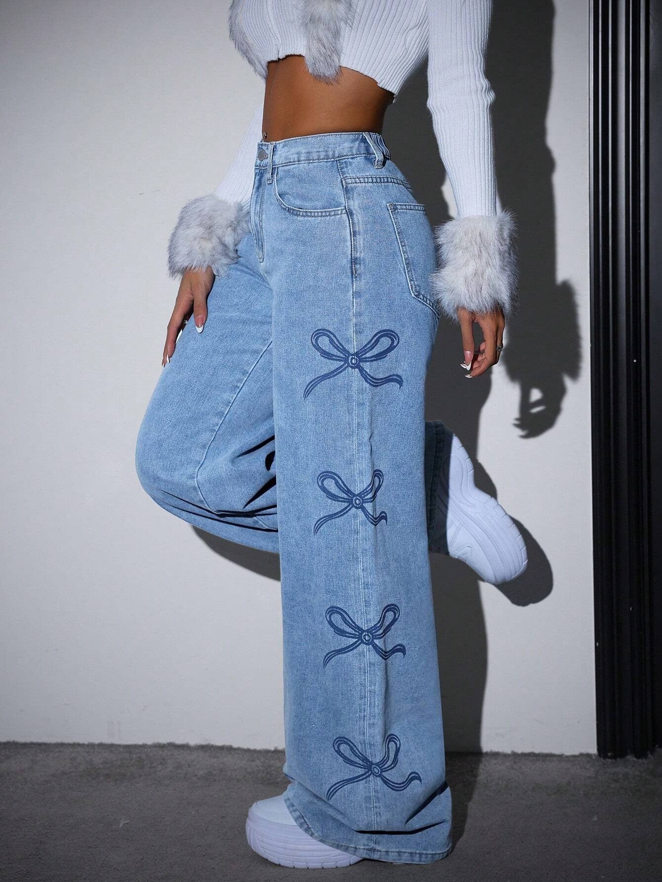 Casual Bow Print High Waist Baggy Jeans