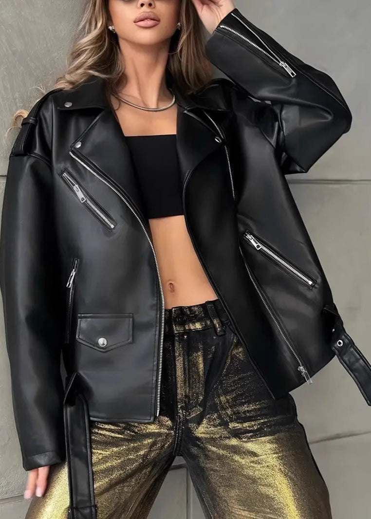 Oversized Faux Leather Biker Jacket Black