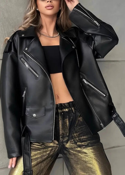 Oversized Faux Leather Biker Jacket Black