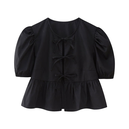 Cute Tie Front Round Neck Pullover Top