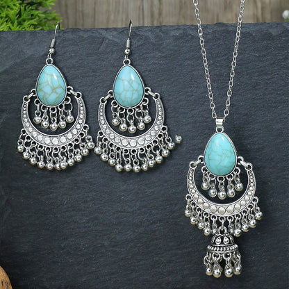 Bohemian Tassel Earrings and Necklace Set with Turquoise Accents