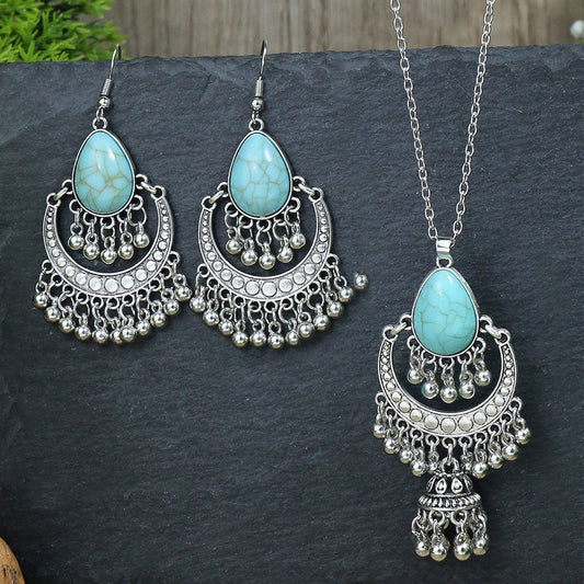 Bohemian Tassel Earrings and Necklace Set with Turquoise Accents
