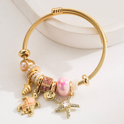 Starfish Turtle Pendant Adjustable Stainless Steel Bracelet