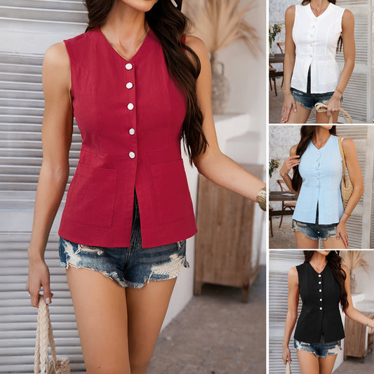 Casual Solid Color Button Cardigan Sleeveless Vest