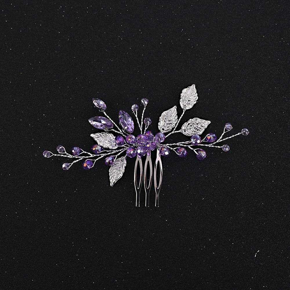 Purple Crystal Silver Alloy Leaf Hair Comb Wedding Bridal Hairpiece