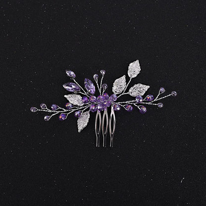 Purple Crystal Silver Alloy Leaf Hair Comb Wedding Bridal Hairpiece