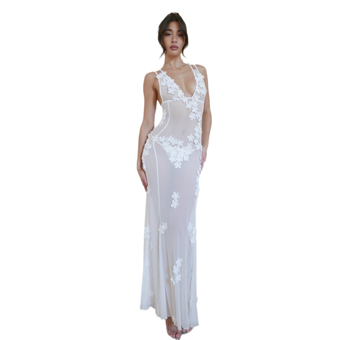 New Sexy V-Neck Backless Dress with 3D Floral Design