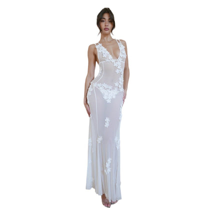 New Sexy V-Neck Backless Dress with 3D Floral Design
