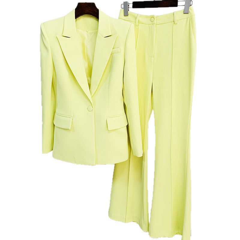 Fashionable Blazer And Flare Pant Set In Soft Yellow