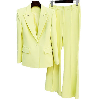 Fashionable Blazer And Flare Pant Set In Soft Yellow