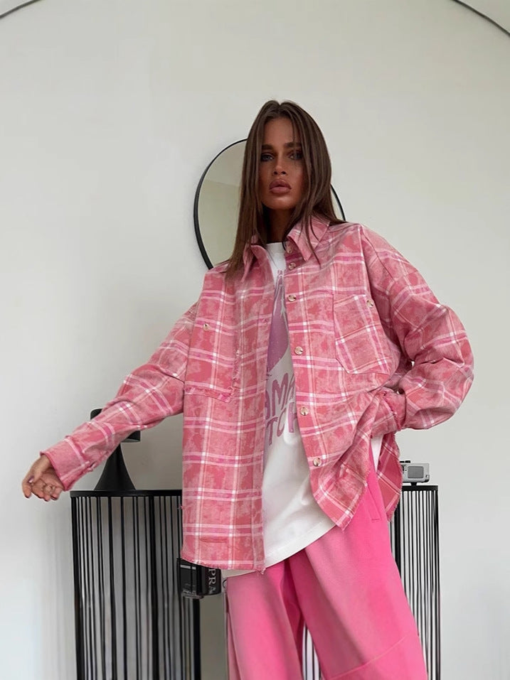 Plaid Loose-Fit Shirt Cotton Blend Casual Shirt