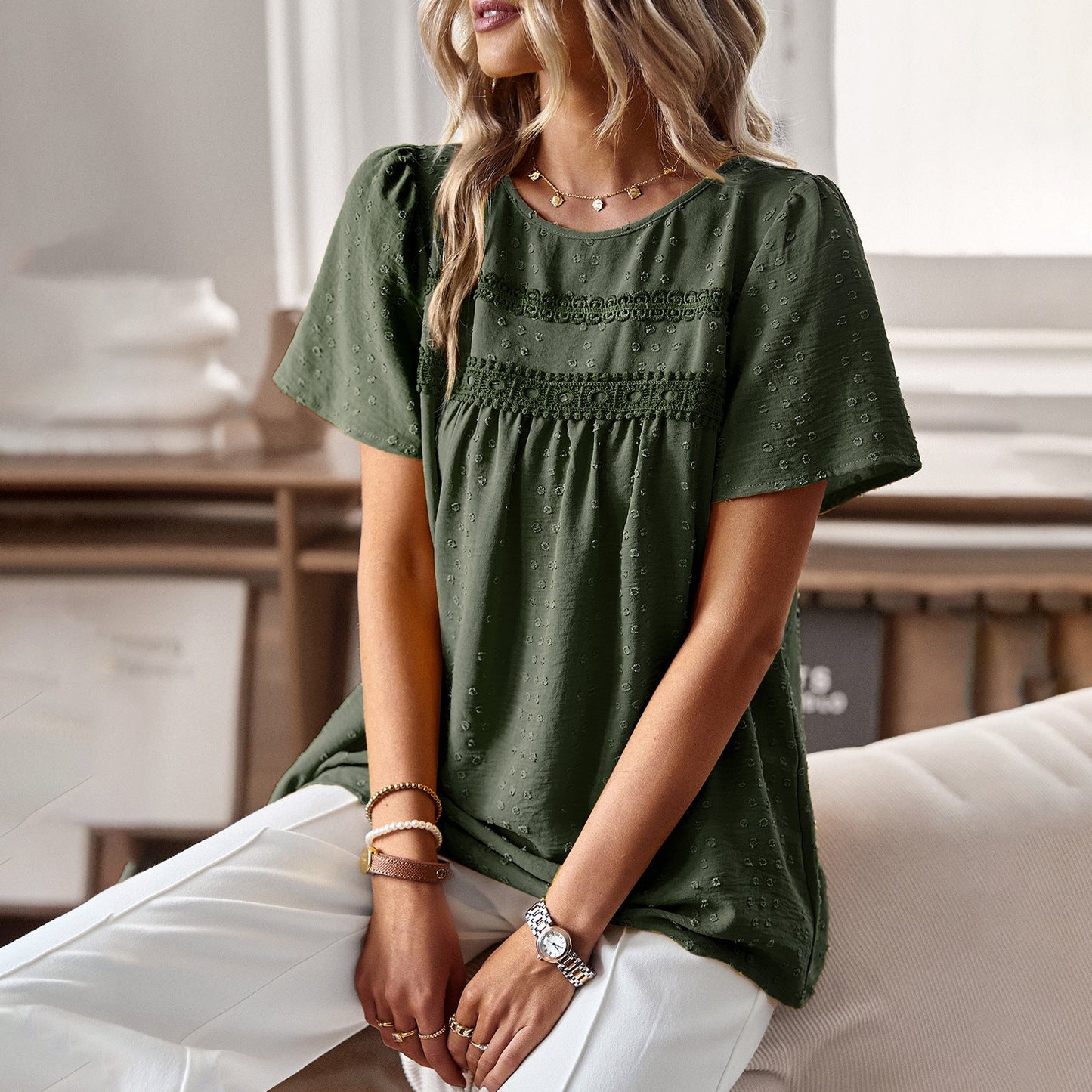 Casual Color Block Crew Neck Top Elegant Women's Blouse
