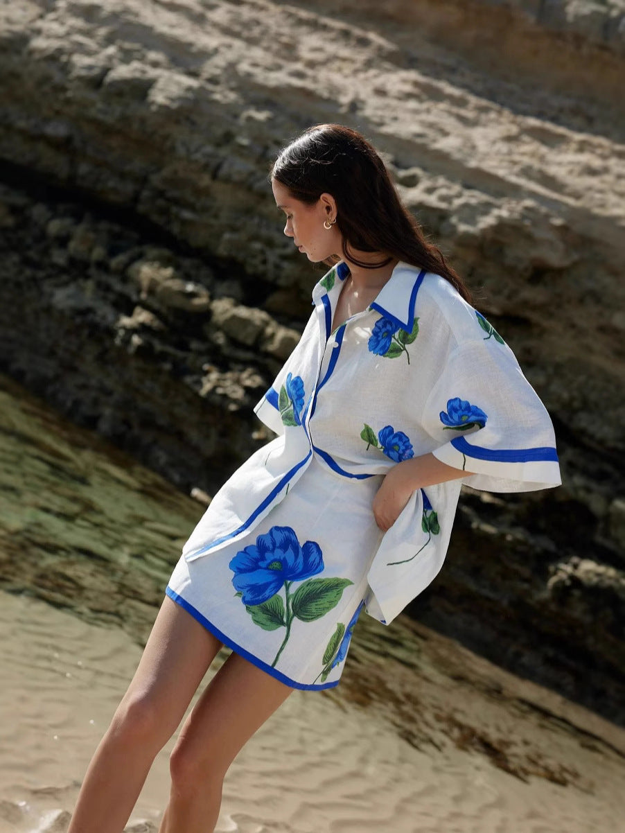 Elegant Floral Print Linen Dress Set