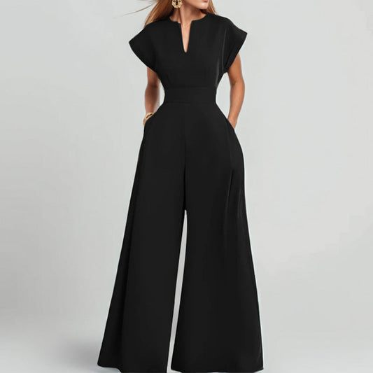 Elegant Solid Color High-Waisted V-Neck Wide-Leg Jumpsuit