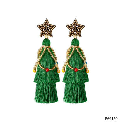 Ethnic Style Fringe Christmas Earrings, New Long Exaggerated Lightweight Rice Beads, Five-Pointed Star Hand-Woven Earrings