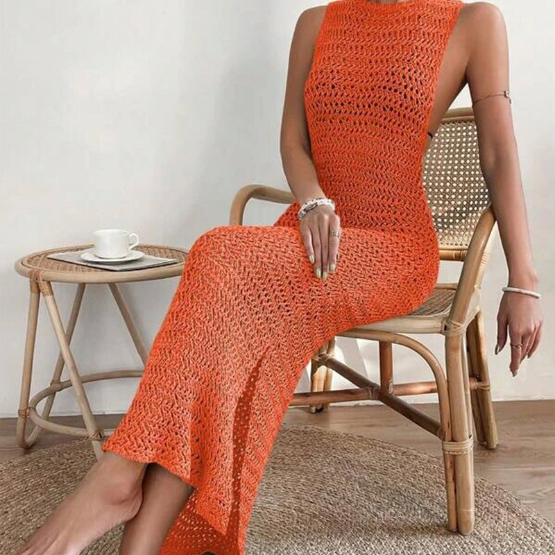 Solid Color Hollow Out Sexy Split Swim Cover Up