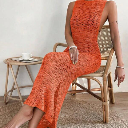 Solid Color Hollow Out Sexy Split Swim Cover Up