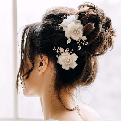 Bridal Wedding Hair Accessories Beige Organza Flower Leaf Alloy Hair Clips Set