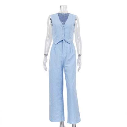 Casual Sleeveless Cotton Vest & Long Pants Set