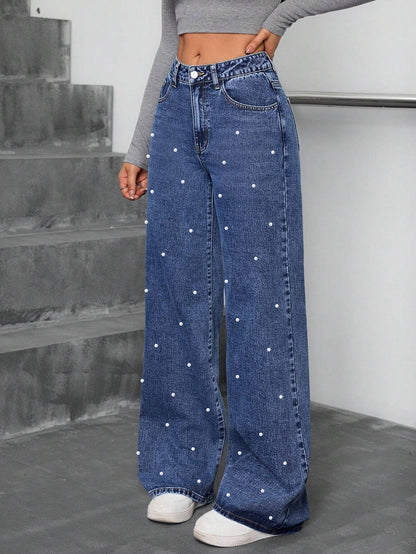Casual Pearl High Waist Baggy Denim Pants