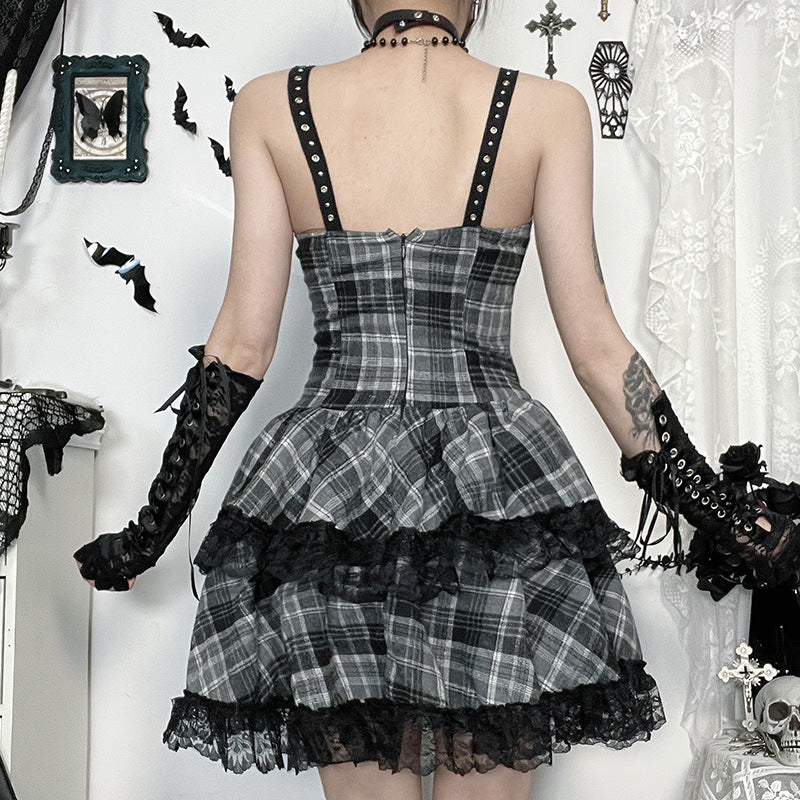 Dark Gray Plaid Mini Dress Stylish Comfortable Streetwear
