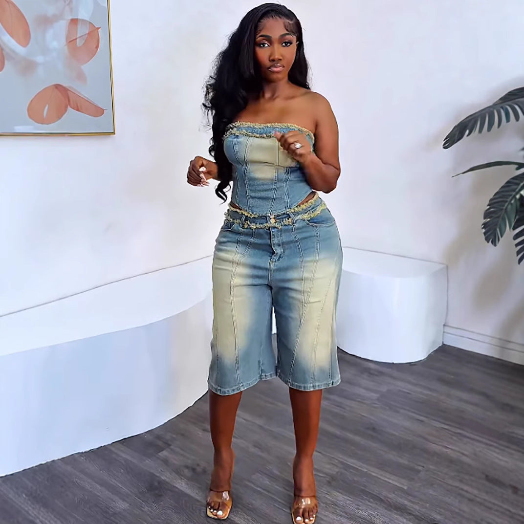 Women'S Denim Set Trendy Sleeveless Wrap Top High-Waisted Shorts