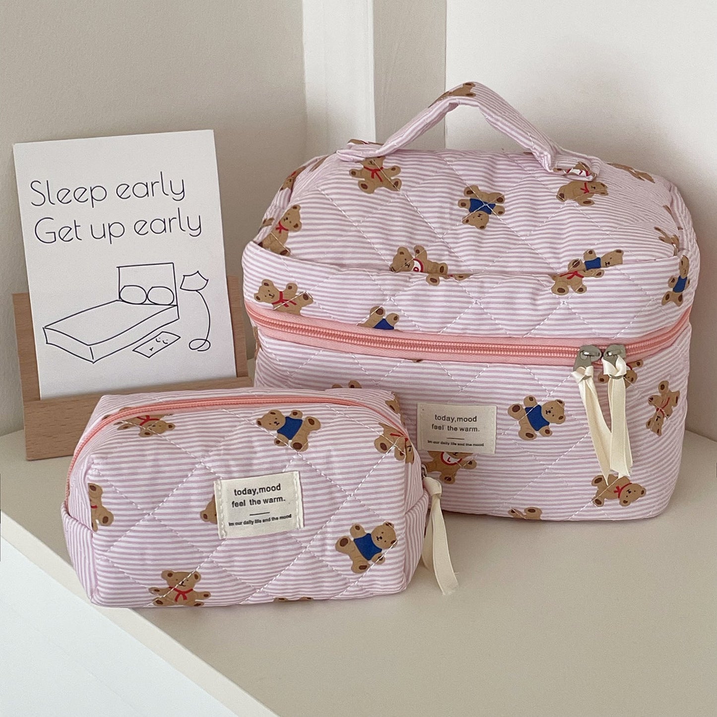 Cute Pink Striped Bear Makeup Bag Portable Cartoon Toiletry Pouch
