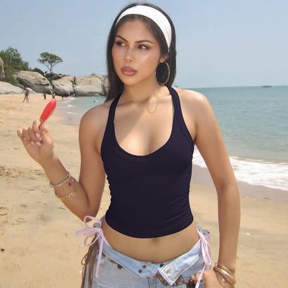 Sleeveless Knitted Top Sexy Fitted Halter Neck Solid Color