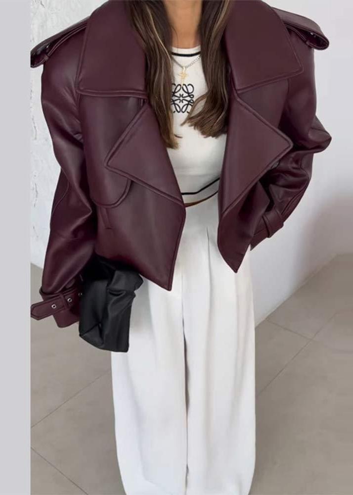 Cropped Leather Jacket With Oversized Lapel