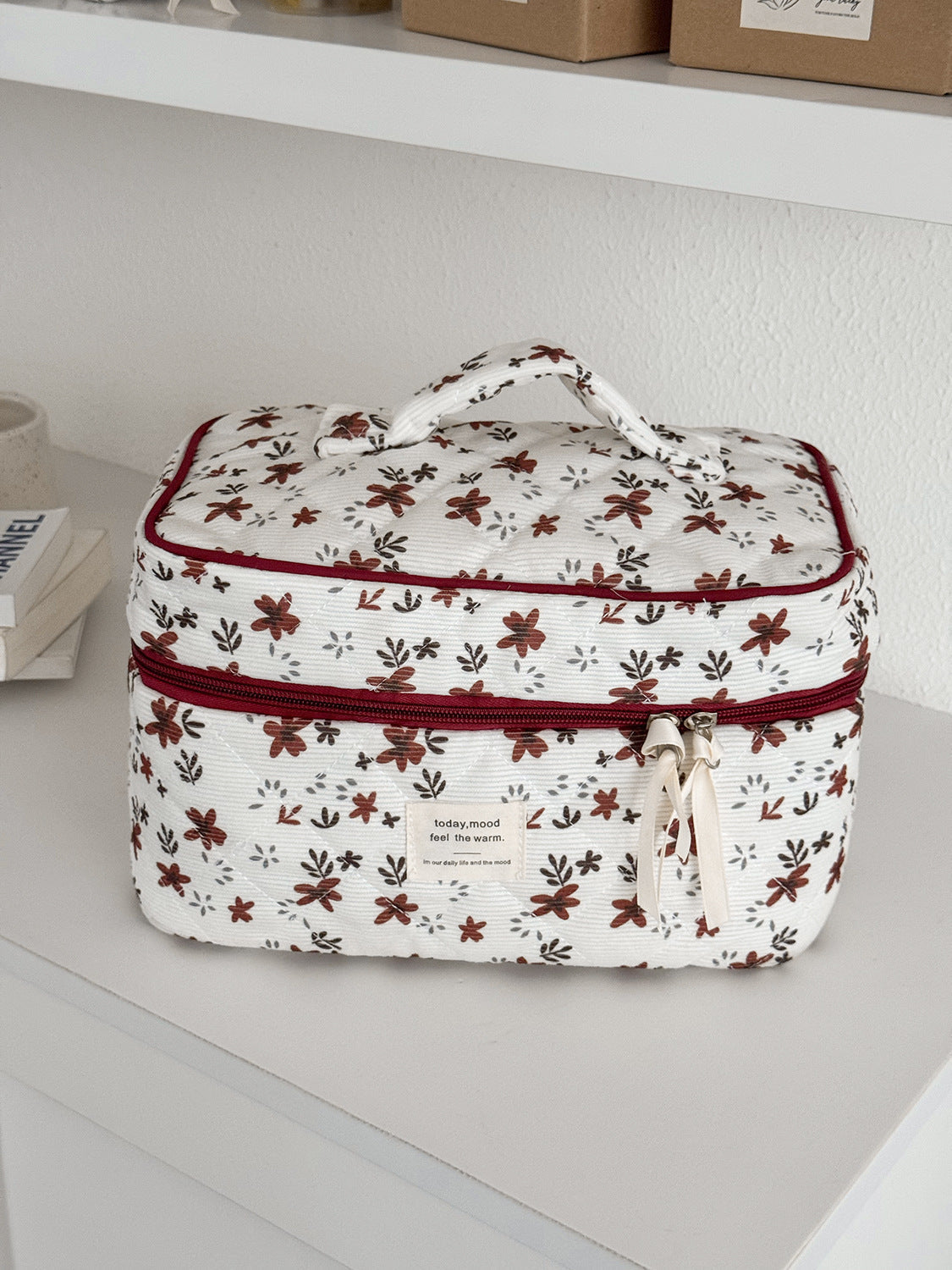 Orange Floral Corduroy Makeup Bag Spacious Outdoor Travel Toiletry Bag