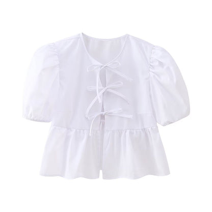 Cute Tie Front Round Neck Pullover Top