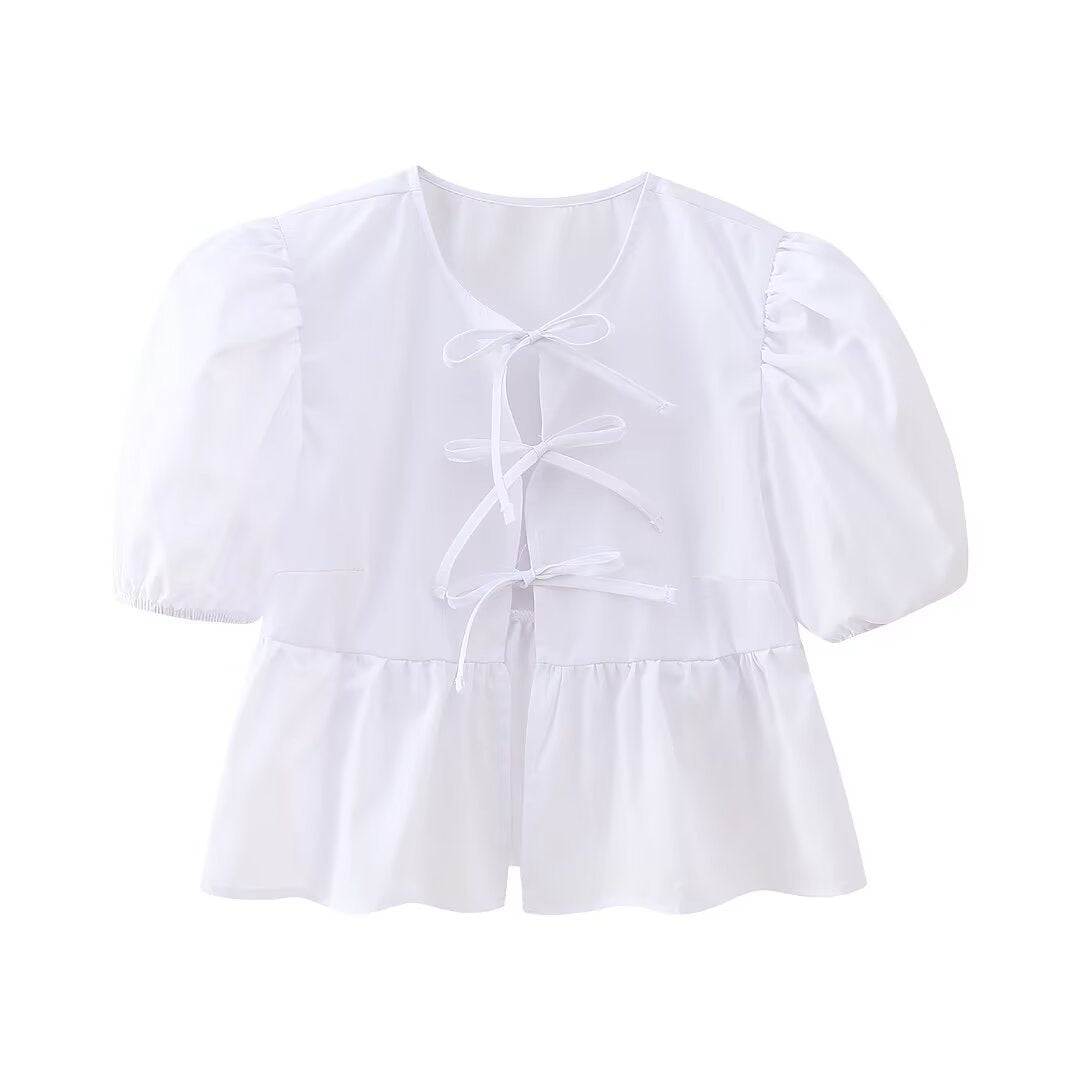 Cute Tie Front Round Neck Pullover Top