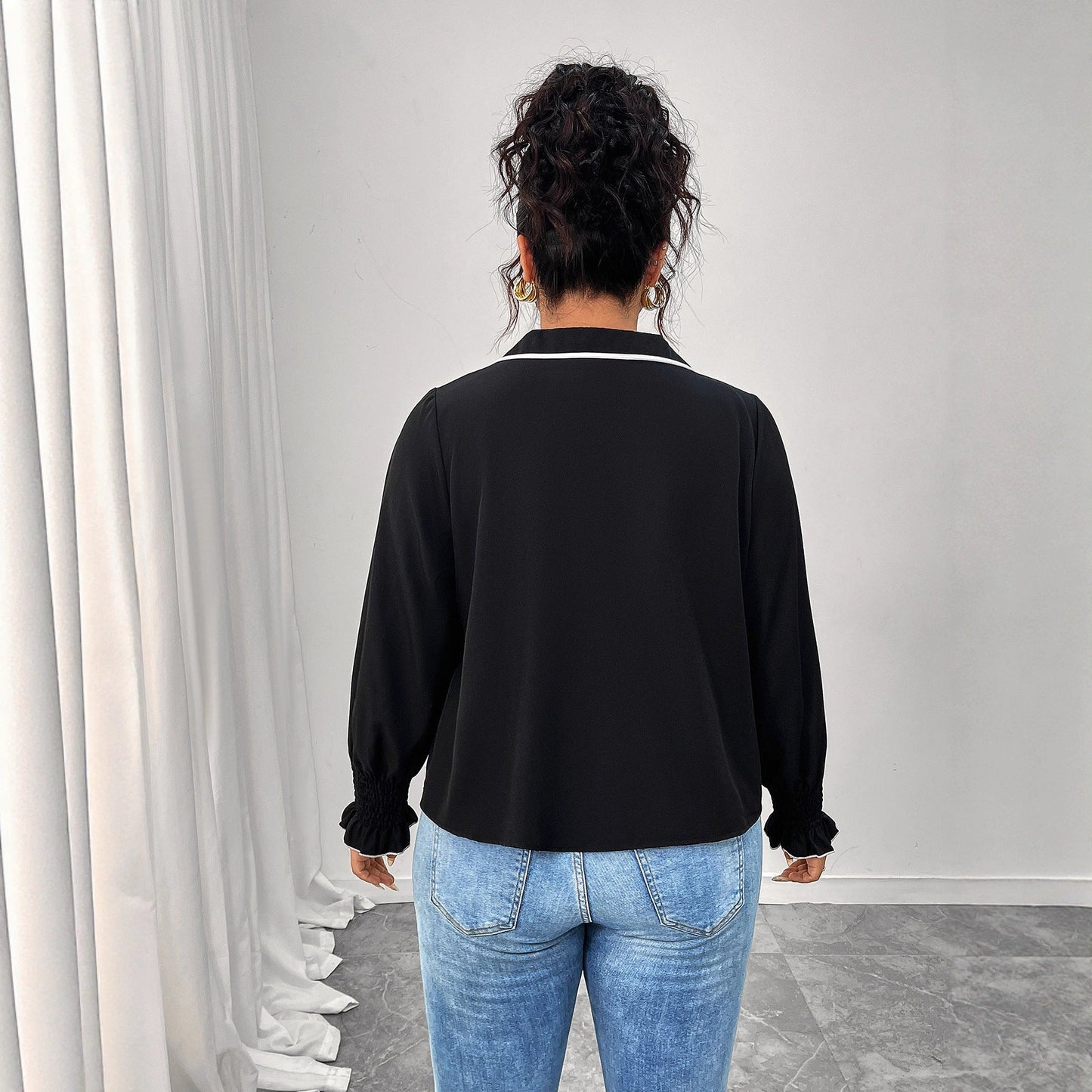 New Polo Neck Short Black Jacket With Bow Detail