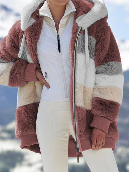 Autumn And Winter Warm Plush Patchwork Zipper Pocket Hooded Loose Coat Women