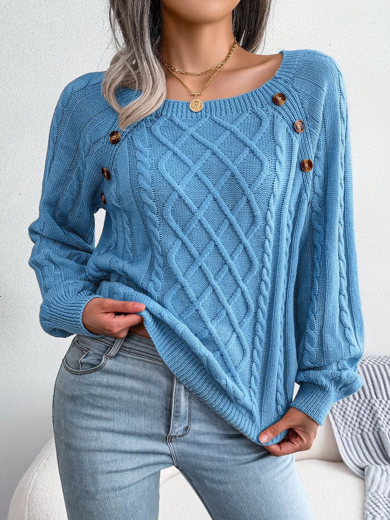 2025 Autumn And Winter Casual Square Collar Nail Button Twist Knitted Pullover Sweater