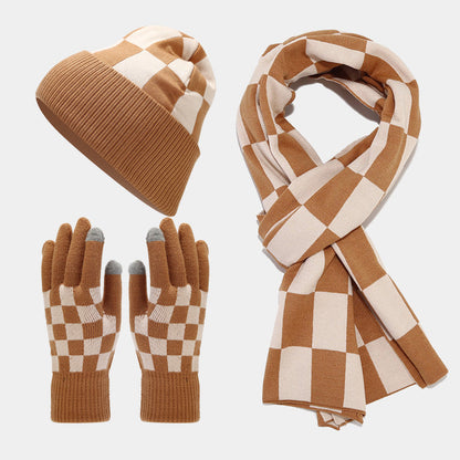 Winter Plaid Warm Hat Scarf Gloves Outdoor Sets