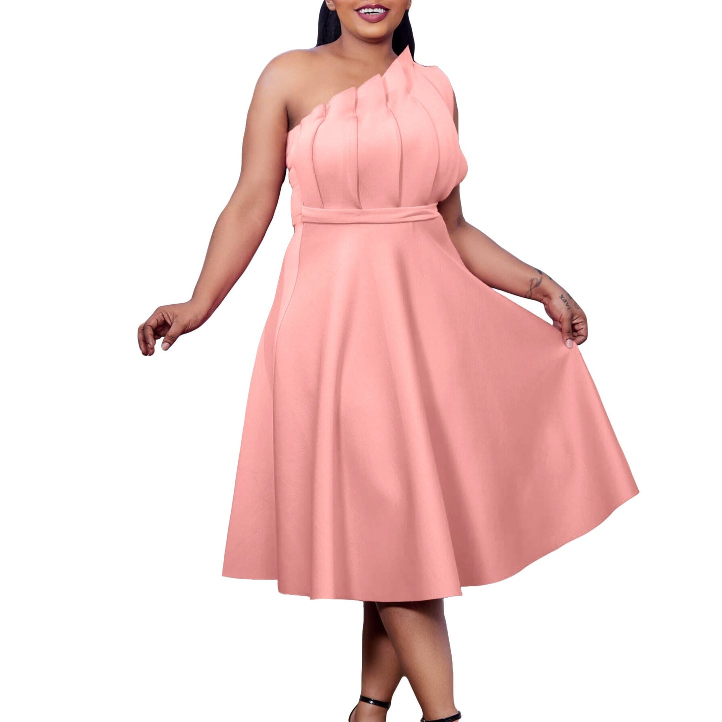 Plus Size Women'S Elegant Solid Color High Waist Pleated Off-Shoulder Party Dress