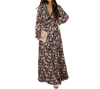 New Floral Print Long Sleeve Maxi Dress For Women